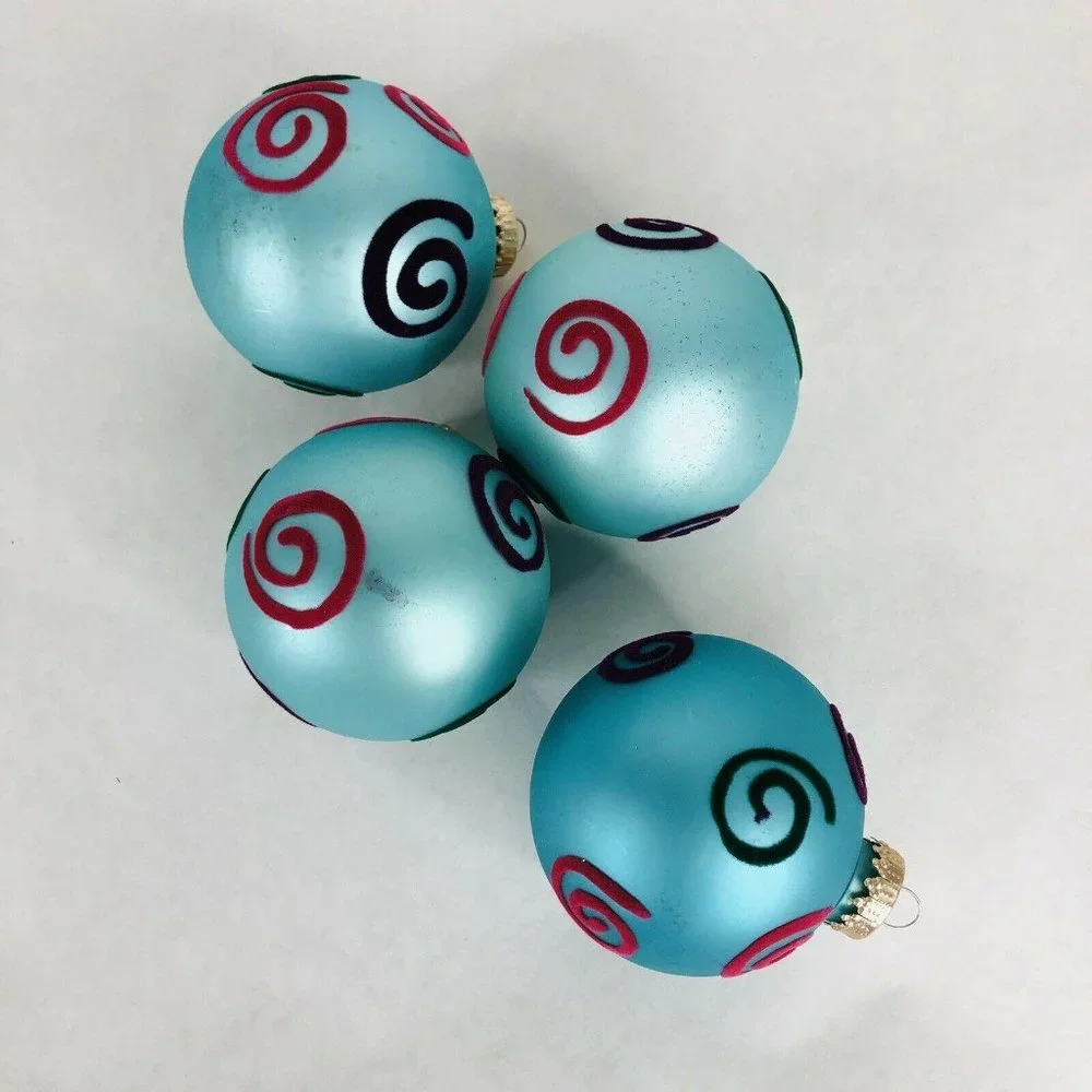 Christmas By Krebs‎ Glass Ornaments Turquoise Blue With Flock Design 4 In Box